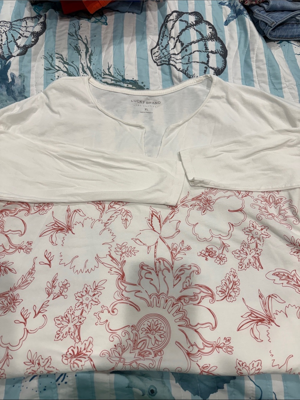 Lucky Brand White Top with Red Floral Border Print